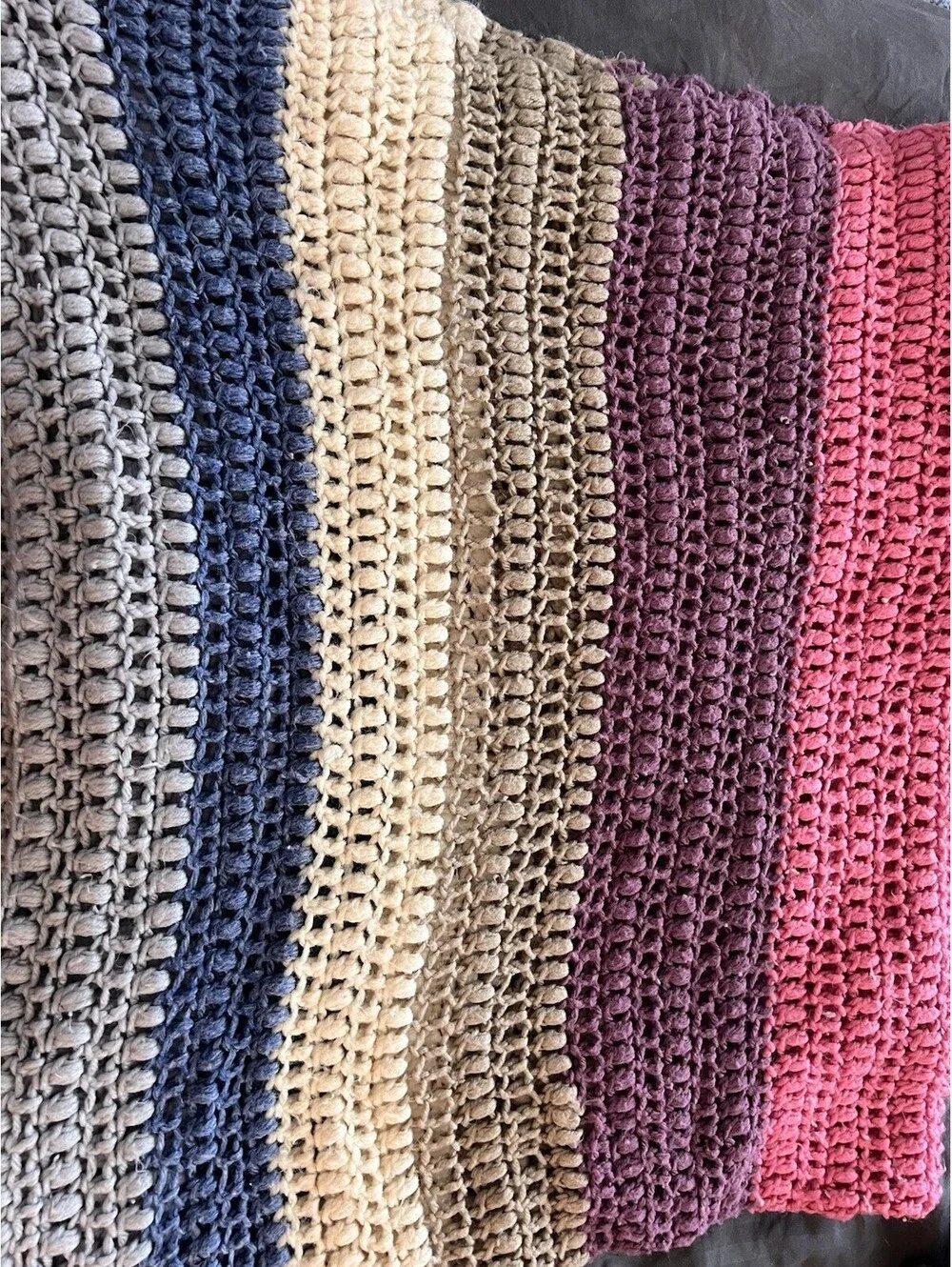 Vintage Hand Knit Afghan Throw Blanket Earth Tones Striped, 56 X 44 Inch